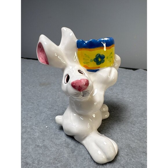 Ceramic Bunny Holding Colorful Egg Planter Figurine  6" tall - Picture 10 of 10